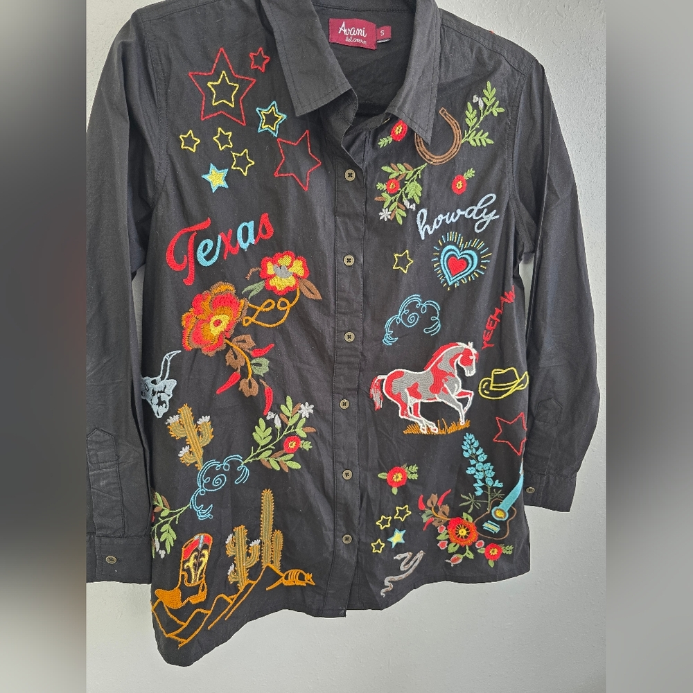 Avani Texas Western Rodeo Embroidered Black Button-Dow Top Size Small - Picture 2 of 11
